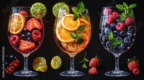 Colorful fruit cocktails with gin and tonic on a black background. Illustration