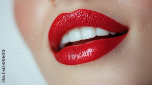 Close up view of a models lips featuring bold red lipstick with a glossy finish