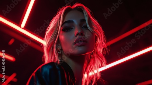 Young woman with stylish haircut posing in dramatic lighting at a creative st...