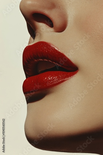 Close up of a womans perfectly defined red lips highlighting smooth skin and ...