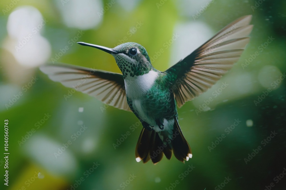 Fototapeta premium A hummingbird hovering gracefully among plants in a serene aquatic environment in daylight