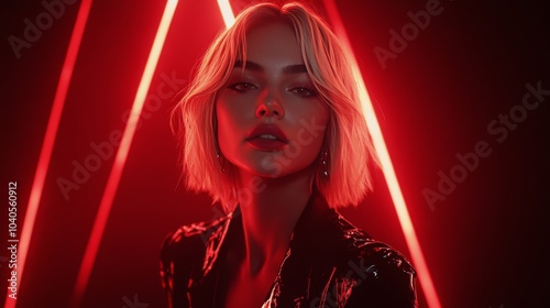 Young woman with stylish haircut posing in dramatic lighting at a creative st...