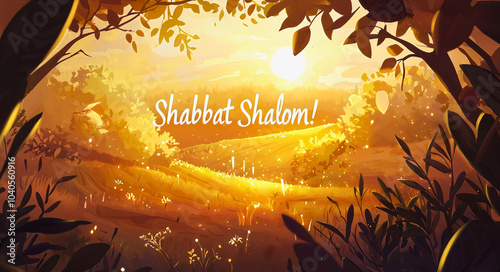 Shabbat Shalom, Sabbath peace, in a beautiful meadow as the sun slowly sets, a Sabbath celebrated by many Jews in Israel. photo