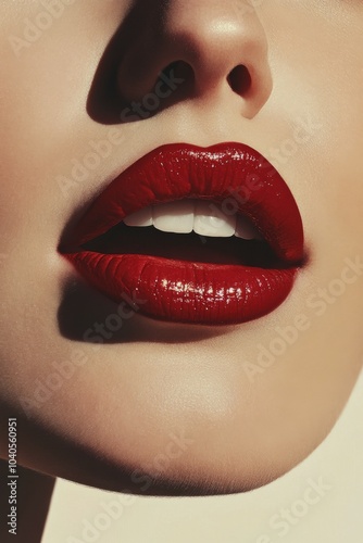 Close up of a womans perfectly defined red lips highlighting smooth skin and ...