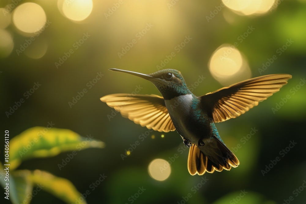 Fototapeta premium A hummingbird hovering gracefully among plants in a serene aquatic environment in daylight