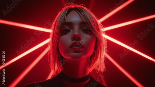 Young woman with stylish haircut posing in dramatic lighting at a creative st...