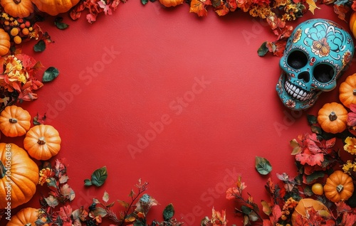 Colorful decorative skull and pumpkins surrounded by autumn leaves on a red b...