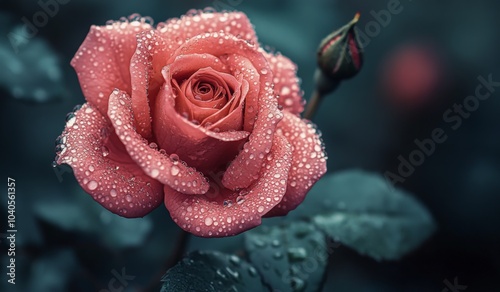 Dew kissed pink rose blooming in the early morning light with soft bokeh back...