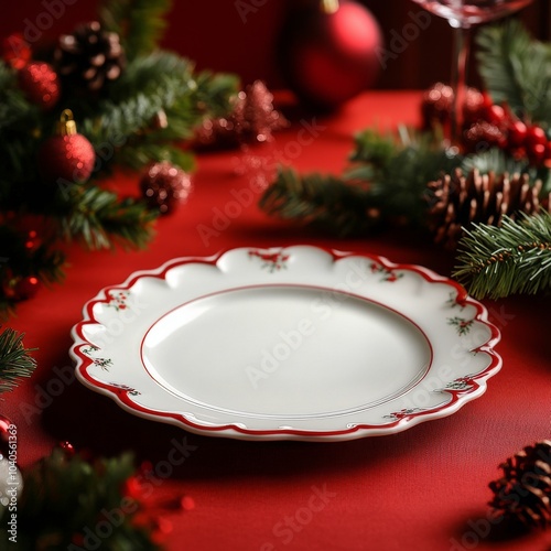 Elegant red and white plate surrounded by festive holiday decorations on a vi...