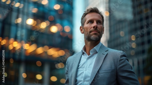 A confident businessman looks over the urban landscape, dreaming of new goals and business success. Copy space