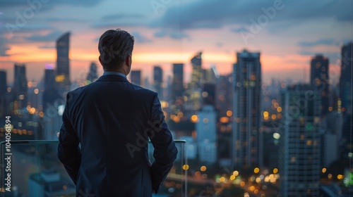 A confident businessman looks over the urban landscape, dreaming of new goals and business success. Copy space