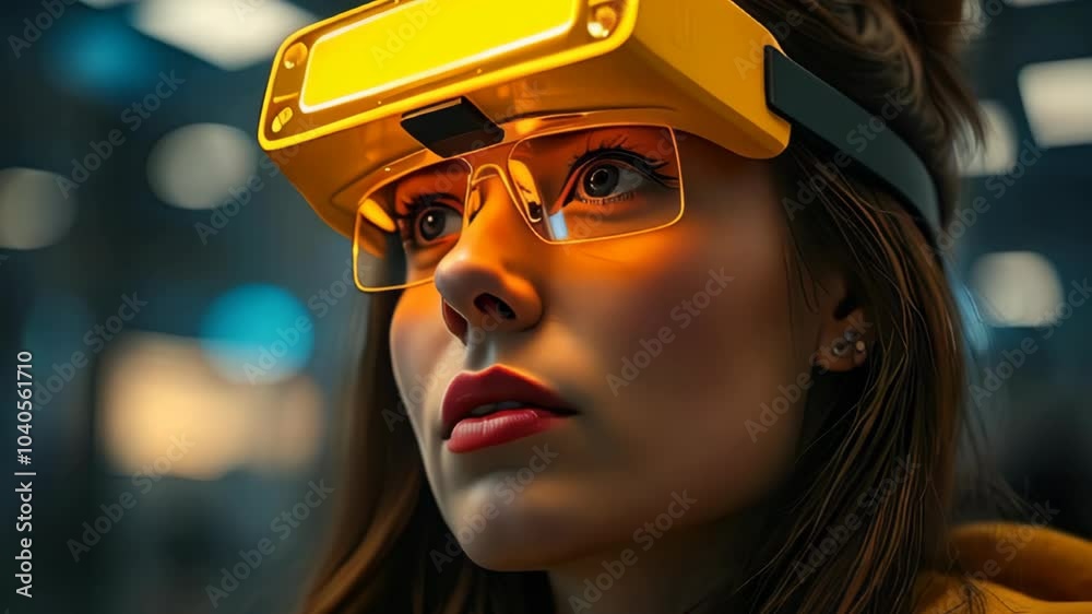 Woman Wearing Augmented Reality Glasses in a Futuristic Setting Woman Wearing Augmented Reality Glasses in a Futuristic Setting