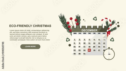 Eco-Friendly Christmas Calendar Design with Festive Elements. Sustainable holiday-themed web banner with December calendar. Sustainable christmas calendar banner. Vector illustration