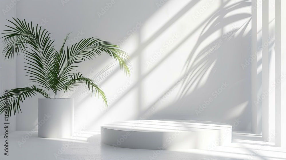Abstract 3D white space, cylinder podium set, palm leaf shadows, elegant product showcase Abstract 3D white space, cylinder podium set, palm leaf shadows, elegant product showcase