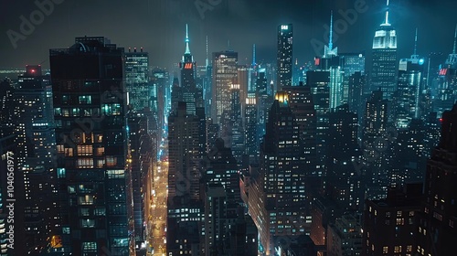 A close-up of the New York City skyline at night, showcasing the detailed architecture and bright lights of the high-rise buildings against a dark sky