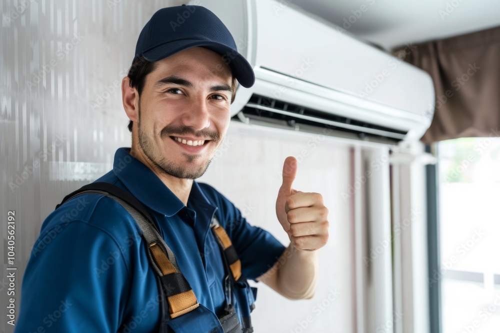 Technician smiling and giving thumbs up near air conditioner Technician smiling and giving thumbs up near air conditioner