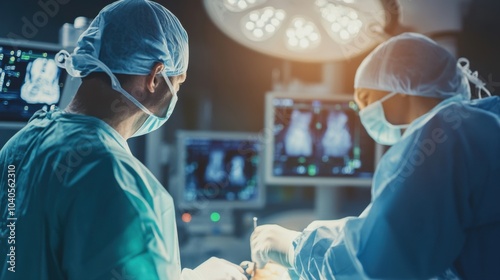 A detailed image of a surgeon performing a laparoscopic surgery procedure in an operating room, with surgical team and advanced technology monitors, Surgical style