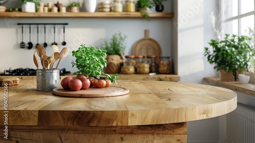 Bright and clean kitchen with an empty round wood counter, ideal for product montages