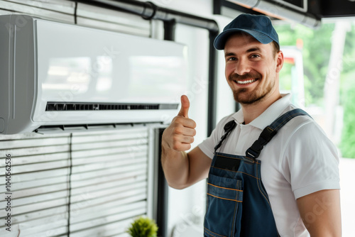 Smiling technician giving thumbs up near modern air conditioning unit