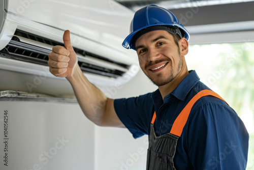 Smiling technician in hard hat giving thumbs up near air conditioner
