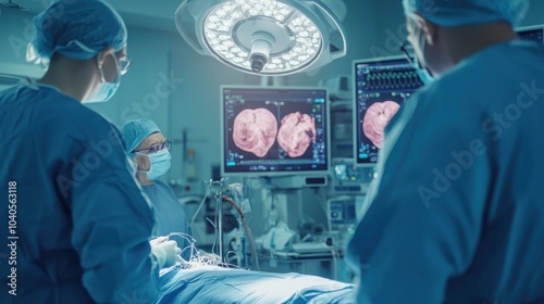 A detailed image of a surgeon performing a minimally invasive procedure using laparoscopic equipment in an operating room, with surgical team and monitors visible, Surgical style