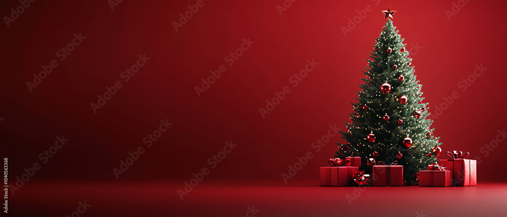 Decorated Christmas Tree with Red Gifts on a Red Background Decorated Christmas Tree with Red Gifts on a Red Background