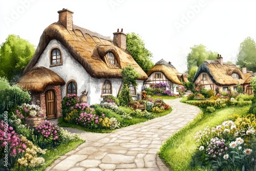 quaint thatched cottages in rural setting photo