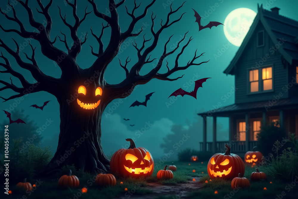 Fototapeta premium Spooky halloween night with jack-o'-lanterns and haunted house scene