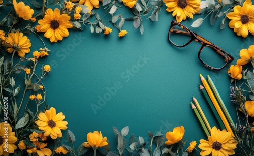 Bright yellow flowers and office supplies arranged on a teal background