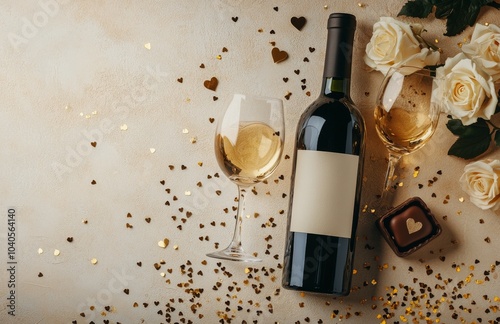 Elegant white wine bottle with glass and heart shaped decorations on a tablet...