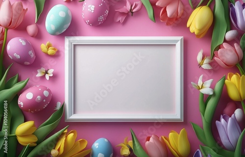 Pastel backdrop features colorful Easter eggs and flowers around a blank frame
