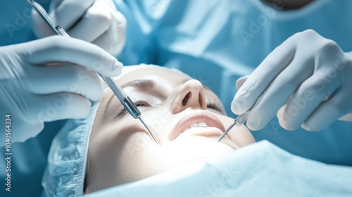 A detailed image of a surgeon performing a plastic surgery procedure in an operating room, with cosmetic surgery tools and surgical team, Cosmetic style