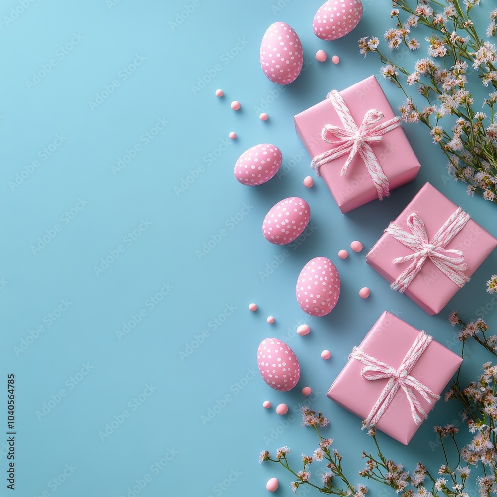 Fototapeta premium Colorful Easter gifts and decorated eggs arranged on a blue background with spring elements