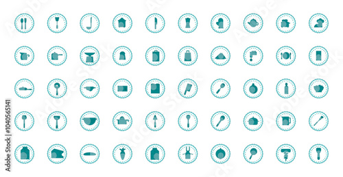 Set of vector icons of kitchen utensils in blue color with white background