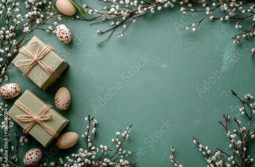 Decorative Easter gifts with speckled eggs and willow twigs on a teal background