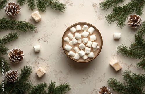 Warm cocoa topped with marshmallows surrounded by pine branches and pinecones...