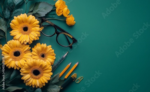 Bright yellow flowers and office supplies arranged on a teal background