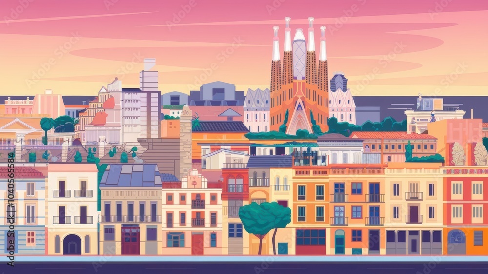 Obraz premium A Vibrant Flat Illustration Showcasing a Beautiful Panoramic High Fidelity View of a City at Sunset. Generative AI