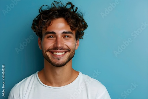 A man with curly hair smiling at the camera