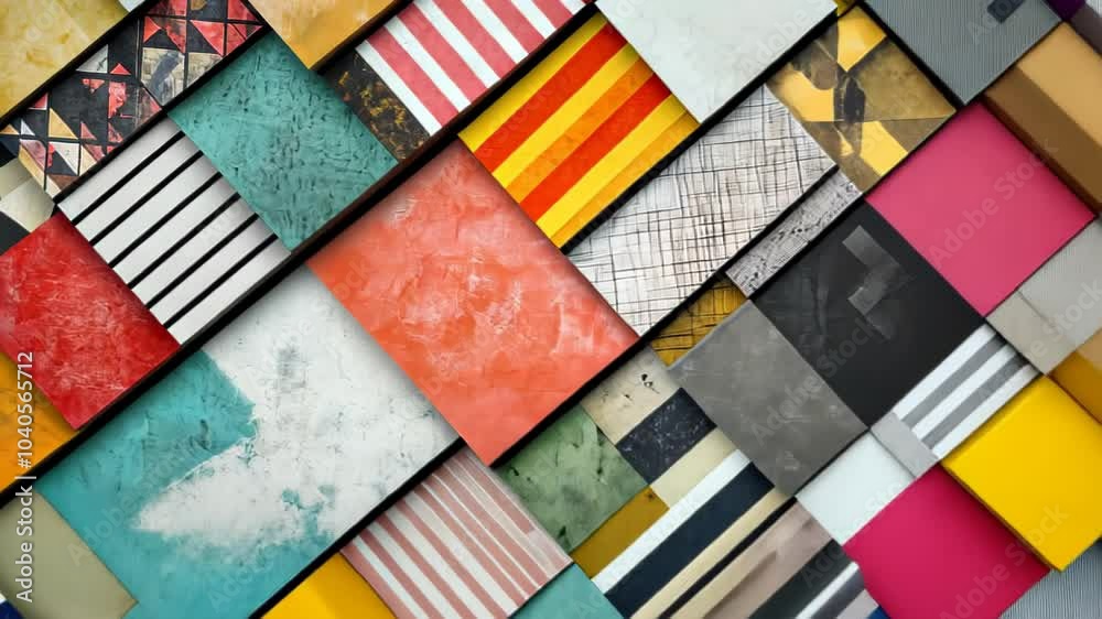 A vibrant collage of textured and patterned squares in various colors and designs. A vibrant collage of textured and patterned squares in various colors and designs.