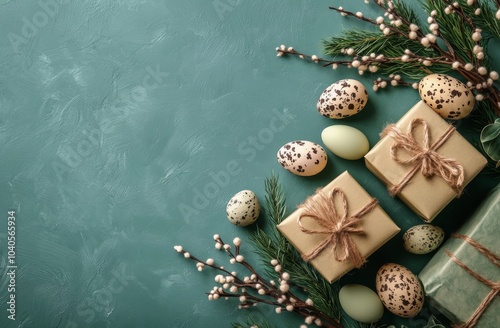 Decorative Easter gifts with speckled eggs and willow twigs on a teal background