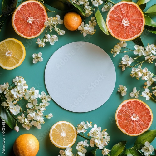 Fresh citrus fruits and vibrant flowers arranged on a green backdrop for crea...