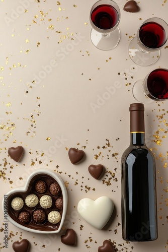 Romantic setting with wine, chocolates, and heart shaped decorations perfect ...