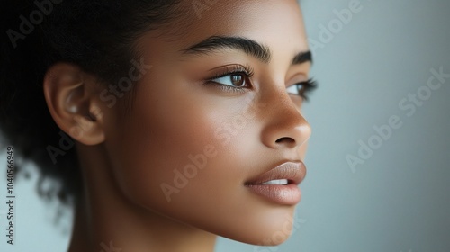 Elegant Woman's Face Against Grey Background