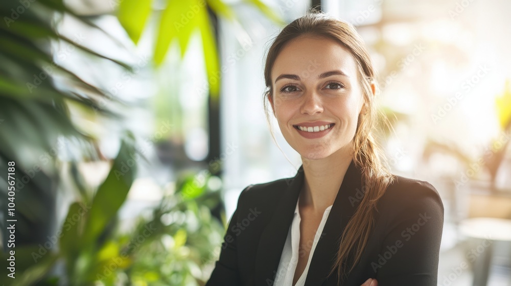 Young businesswoman smiling at the camera in an office, green plant in the blurred background with ample copy space. Young businesswoman smiling at the camera in an office, green plant in the blurred background with ample copy space.