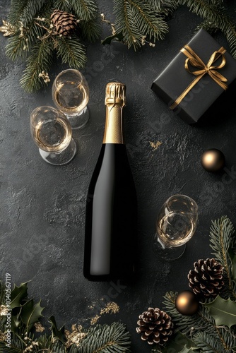 Luxurious champagne bottle sits at the center with elegant glasses surroundin...
