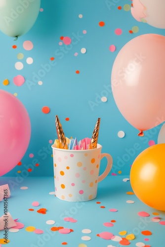 Celebratory dessert with colorful balloons and confetti at a cheerful party s...