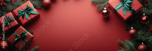 Christmas gifts with ribbons surrounded by pine branches and ornaments on red...