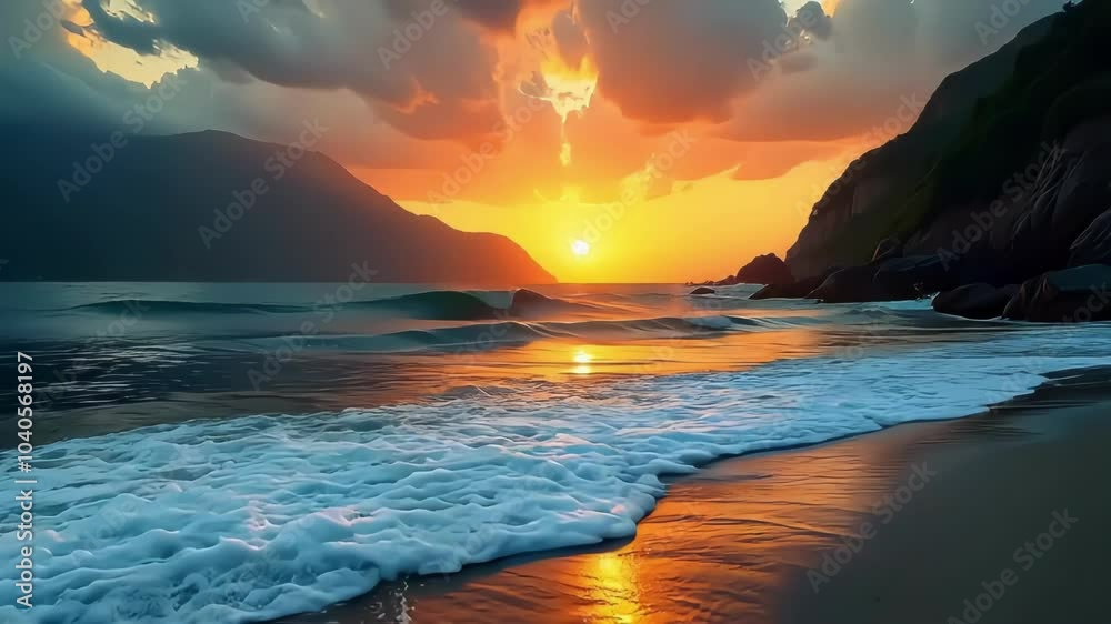 Serene sunset over a tranquil beach with waves gently lapping at the shore.
