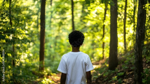 an African American boy exploring a forest area with curiosity,